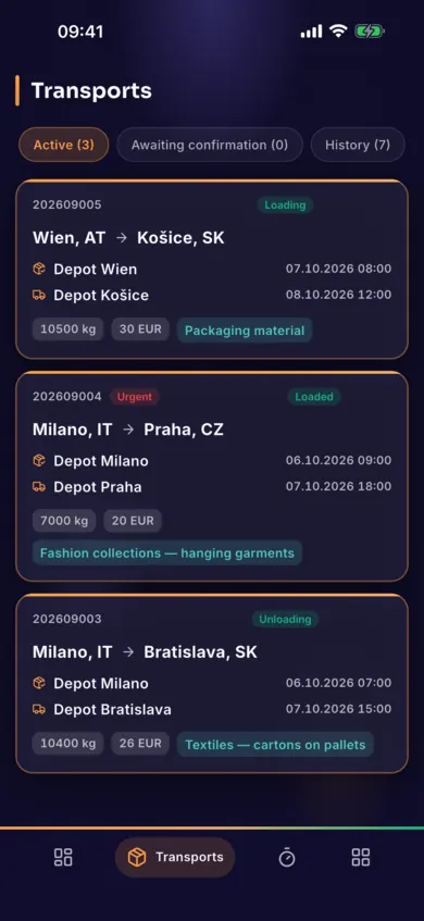 AESA Drive app — a driver's transports with demo data