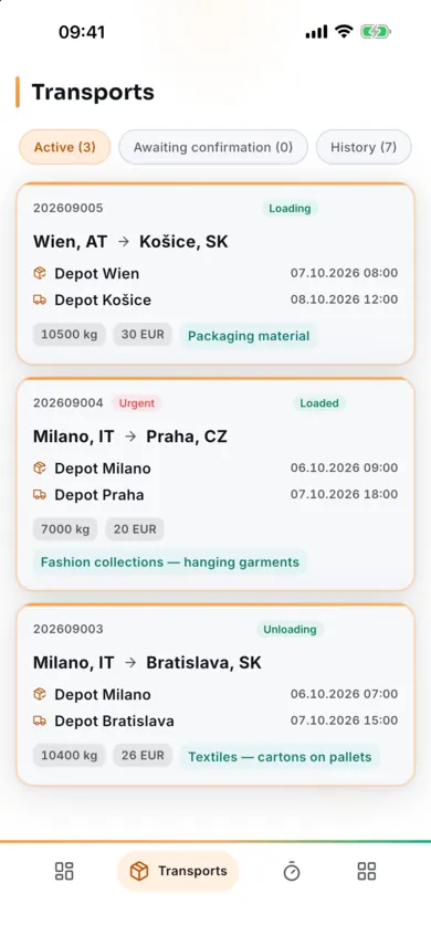 AESA Drive app — a driver's transports with demo data