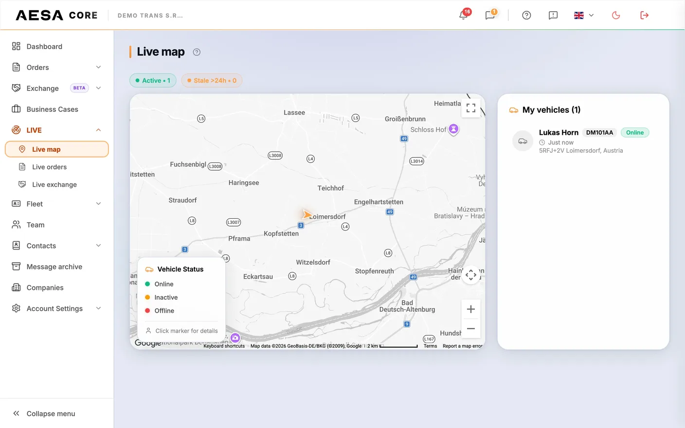 AESA Core TMS — Live map of a demo company