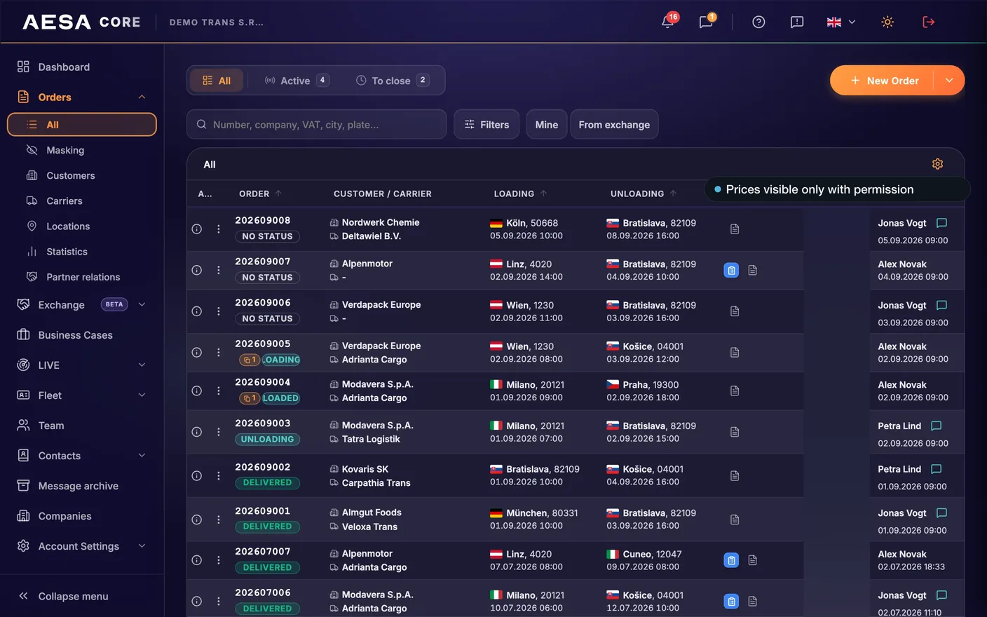 AESA Core TMS — Orders of a demo company