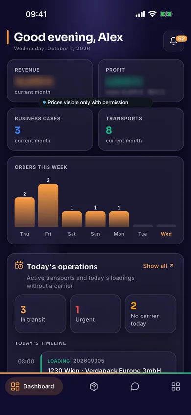 AESA Transport app — dashboard of a demo company