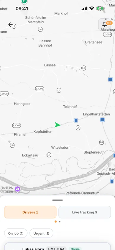 AESA Transport app — live map of a demo company's fleet